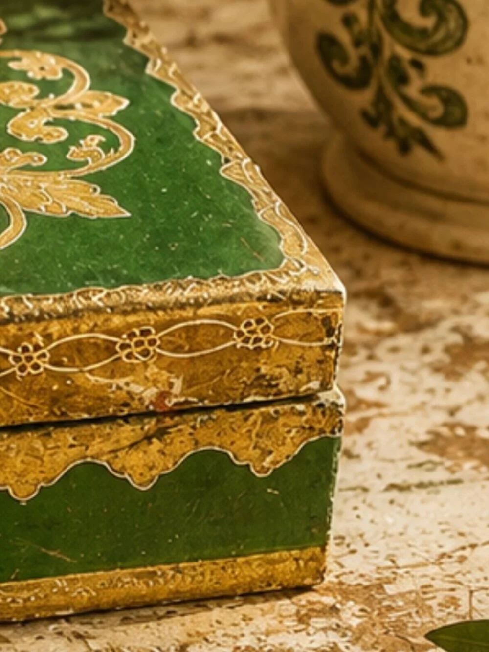 Vintage Large Italian Florentine Hand-Painted Carved Wooden Jewelry Box
